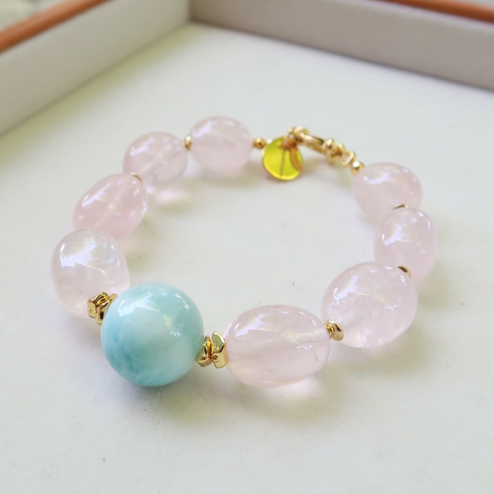 Hayamoon Birthstone Natural Healing Stone Larimar Rose Quartz Statement Bracelet